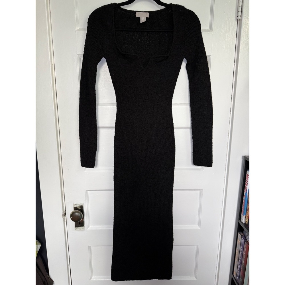 HM Black Boucle Knit Midi Dress Long Sleeve Notched Square Neck XS
